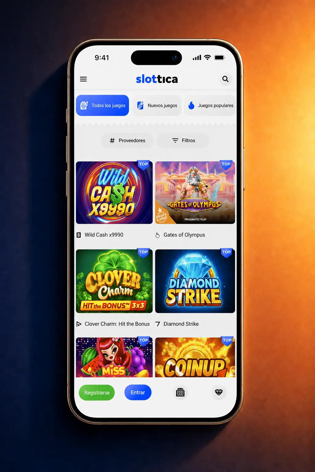 Pantalla de inicio de sesión en la app de Slottica para Android con campos de correo y contraseña