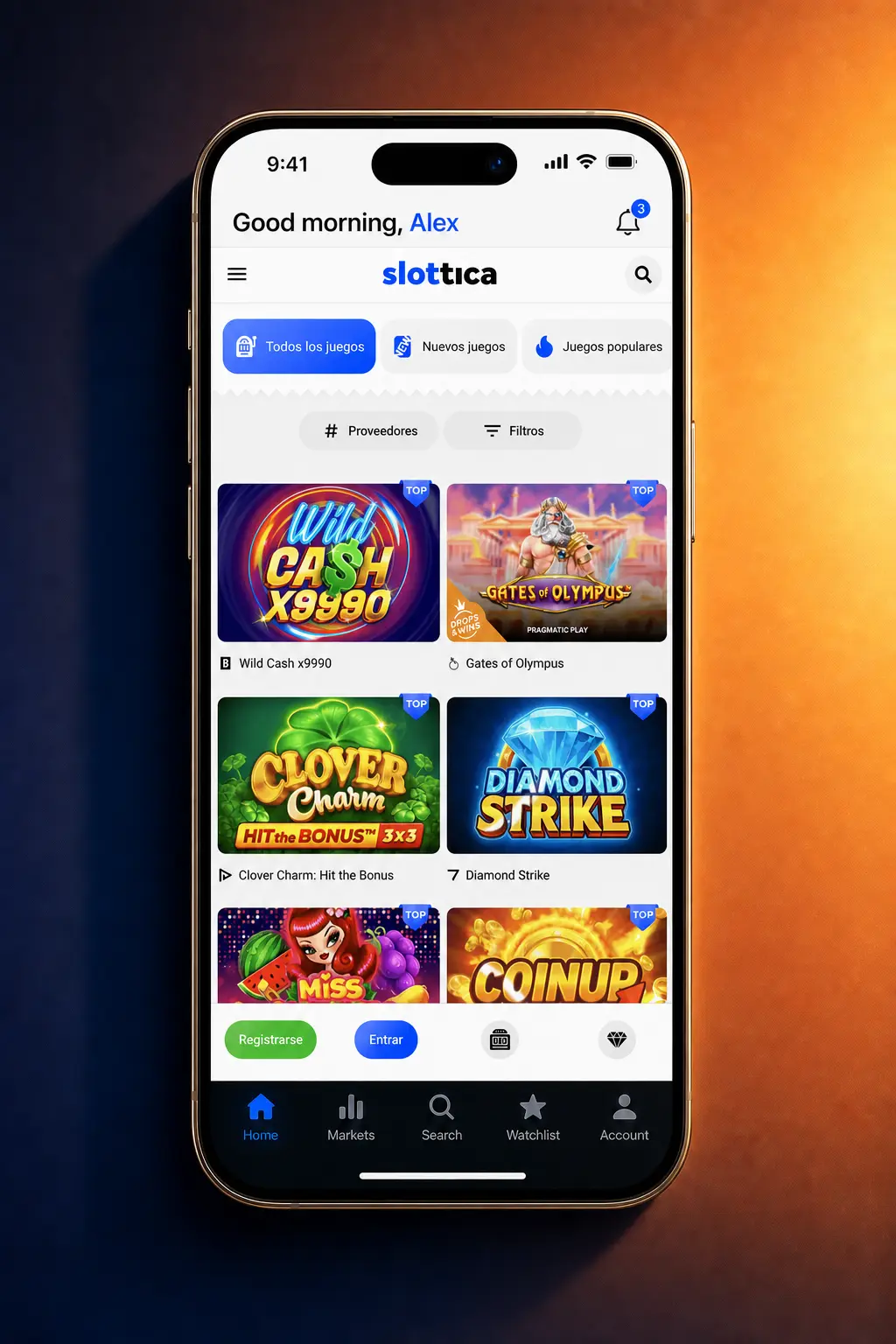 Pantalla de inicio de sesión en la app de Slottica para Android con campos de correo y contraseña