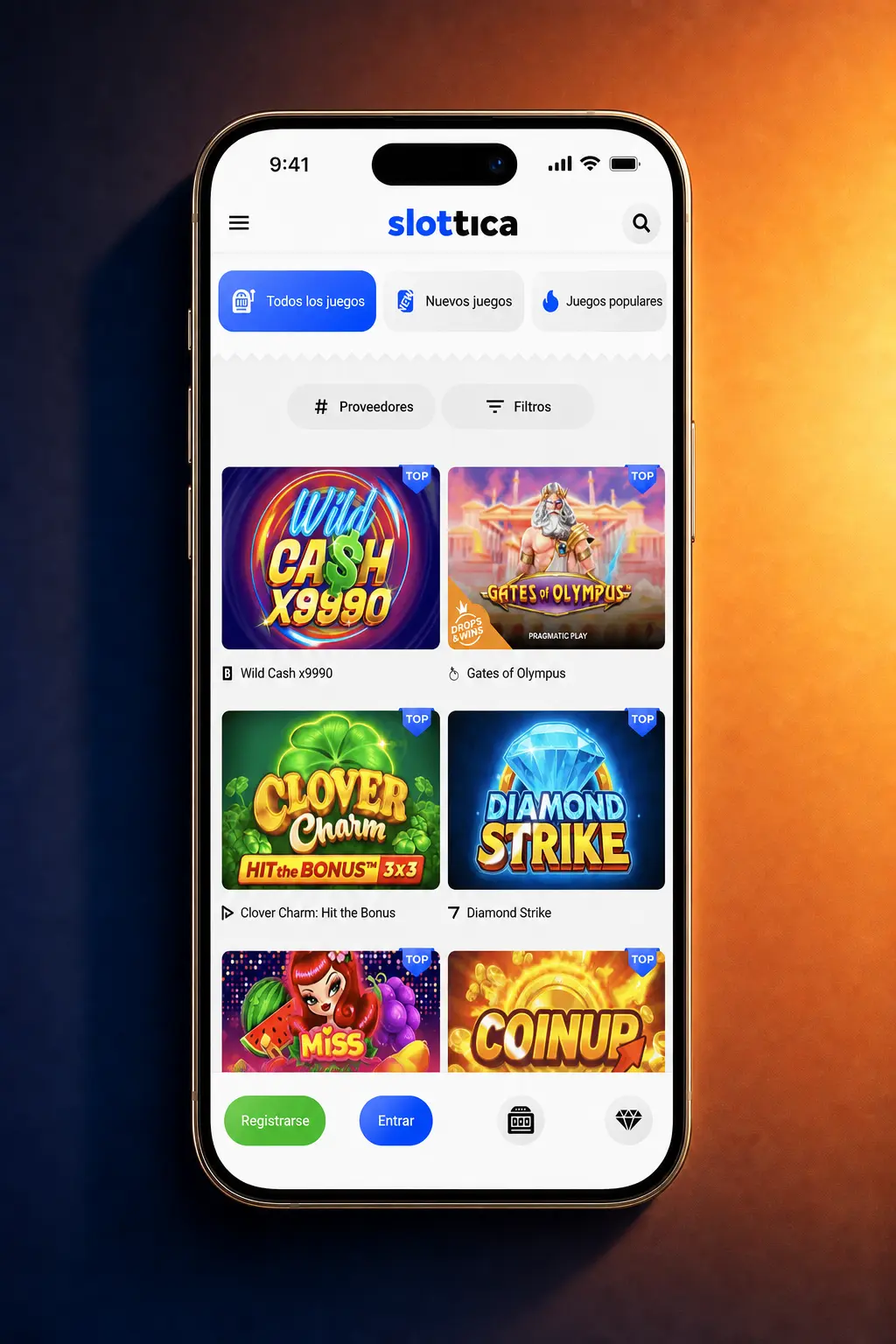 Pantalla de inicio de sesión en la app de Slottica para Android con campos de correo y contraseña