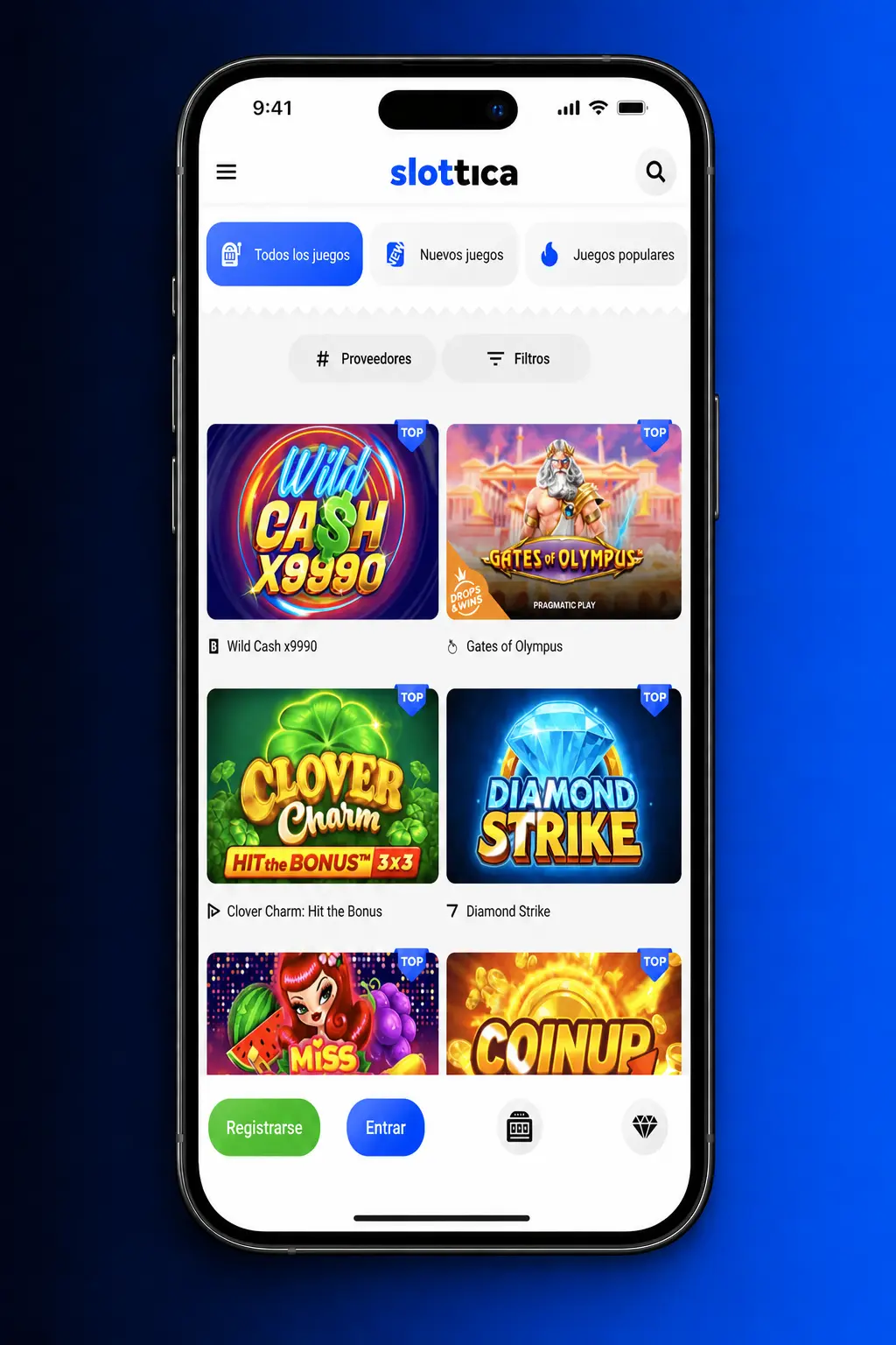 Pantalla de retiro de dinero en la app Slottica con opciones de pago y saldo disponible en CLP
