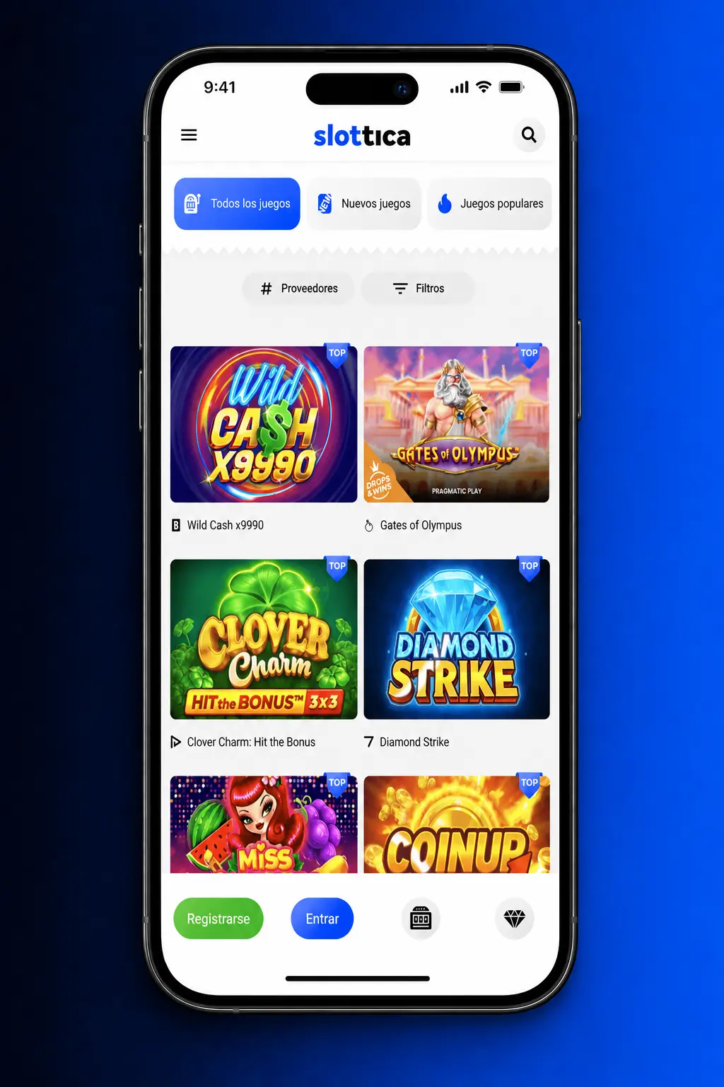 Pantalla de retiro de dinero en la app de Slottica con opciones de pago disponibles para Chile en CLP