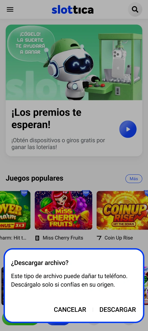 Confirma la descarga del instalador en la ventana emergente Slottica.