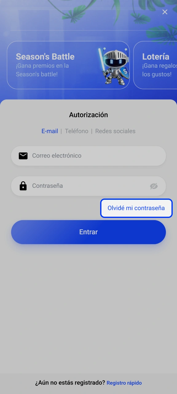 Selecciona el enlace de recuperación de acceso dentro de Slottica.