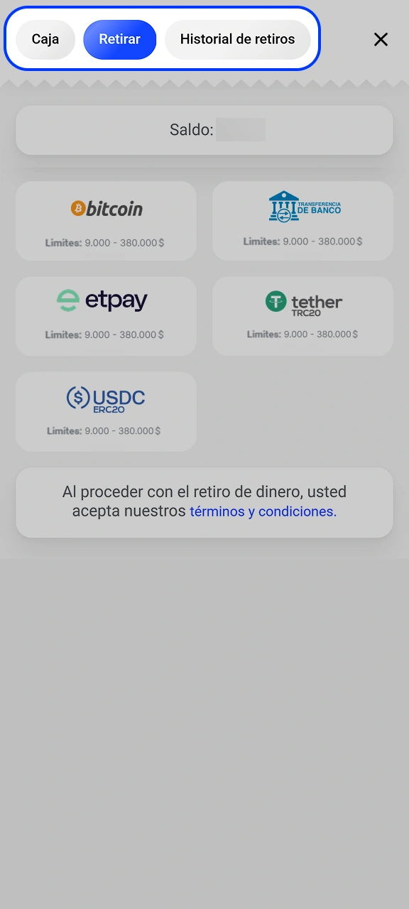 Ve a la sección bancaria móvil para transferir dinero en Slottica.