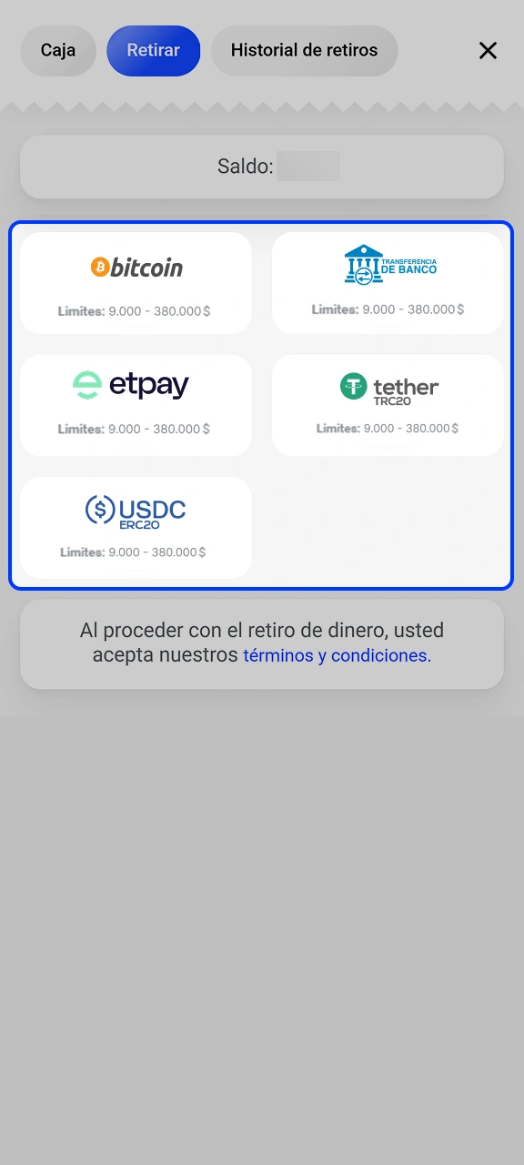 Elige tu opción de cobro directo a través de la app Slottica.