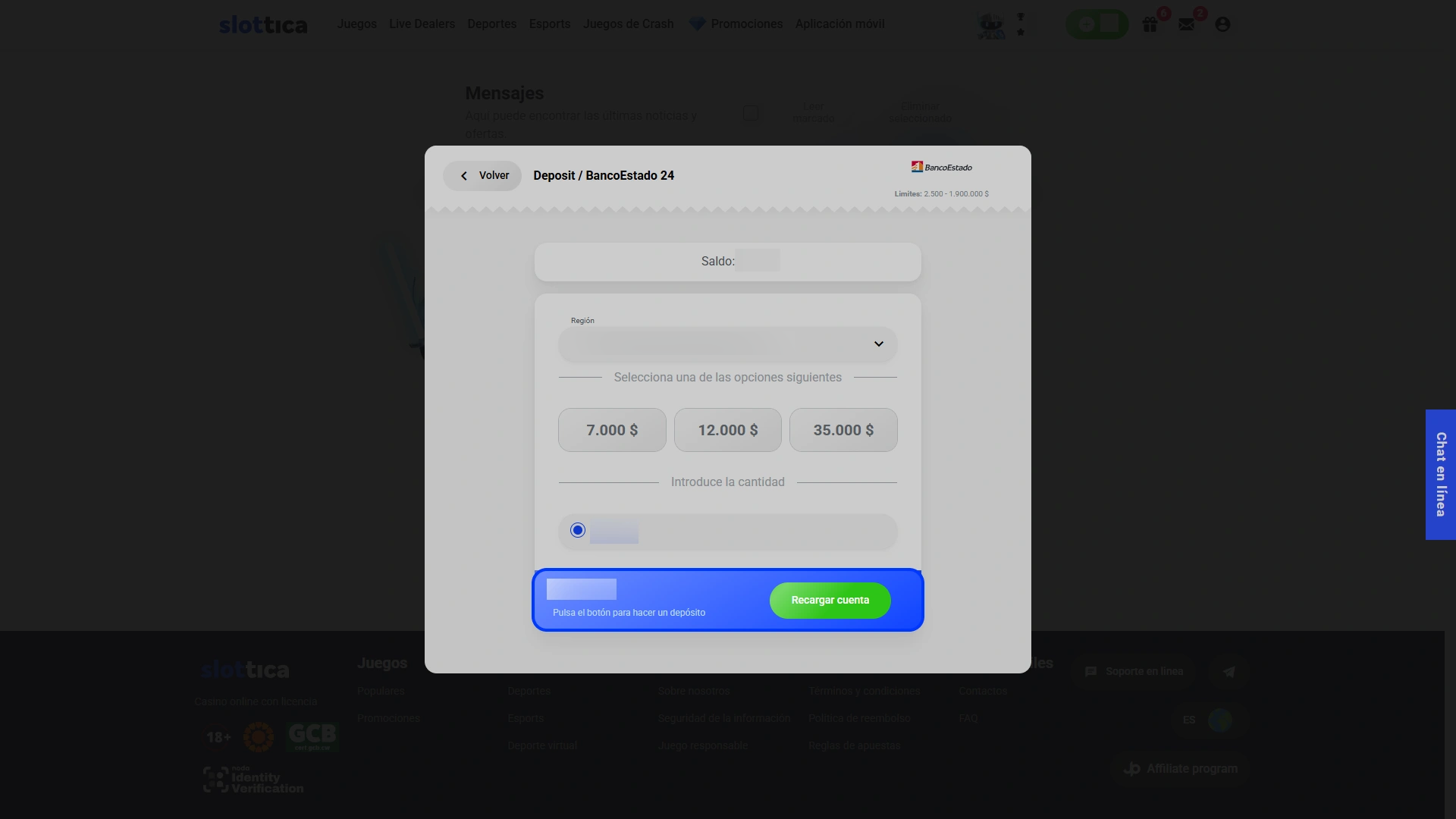 Aprueba la operación de pago para recargar fondos en Slottica.