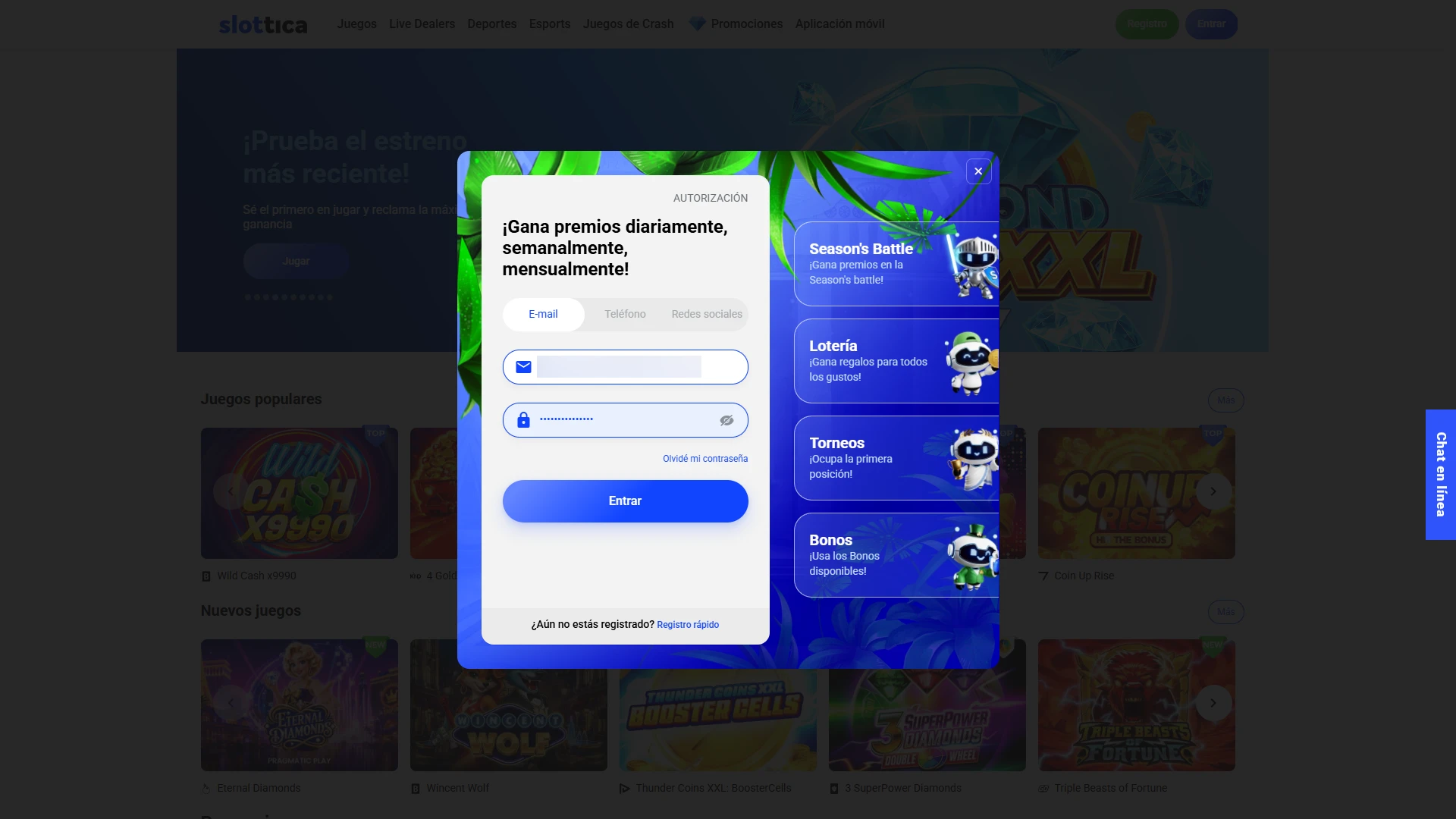 Entra con tu usuario y contraseña registrados para cobrar en Slottica.