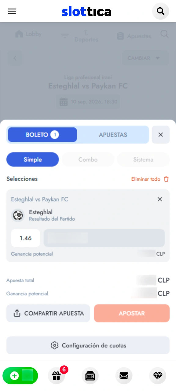 Introduce el monto de tu apuesta y confírmala en Slottica.