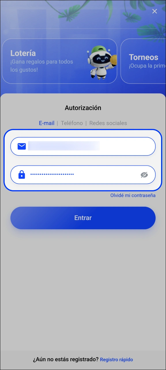 Escribe tu usuario y contraseña personal para entrar en Slottica.