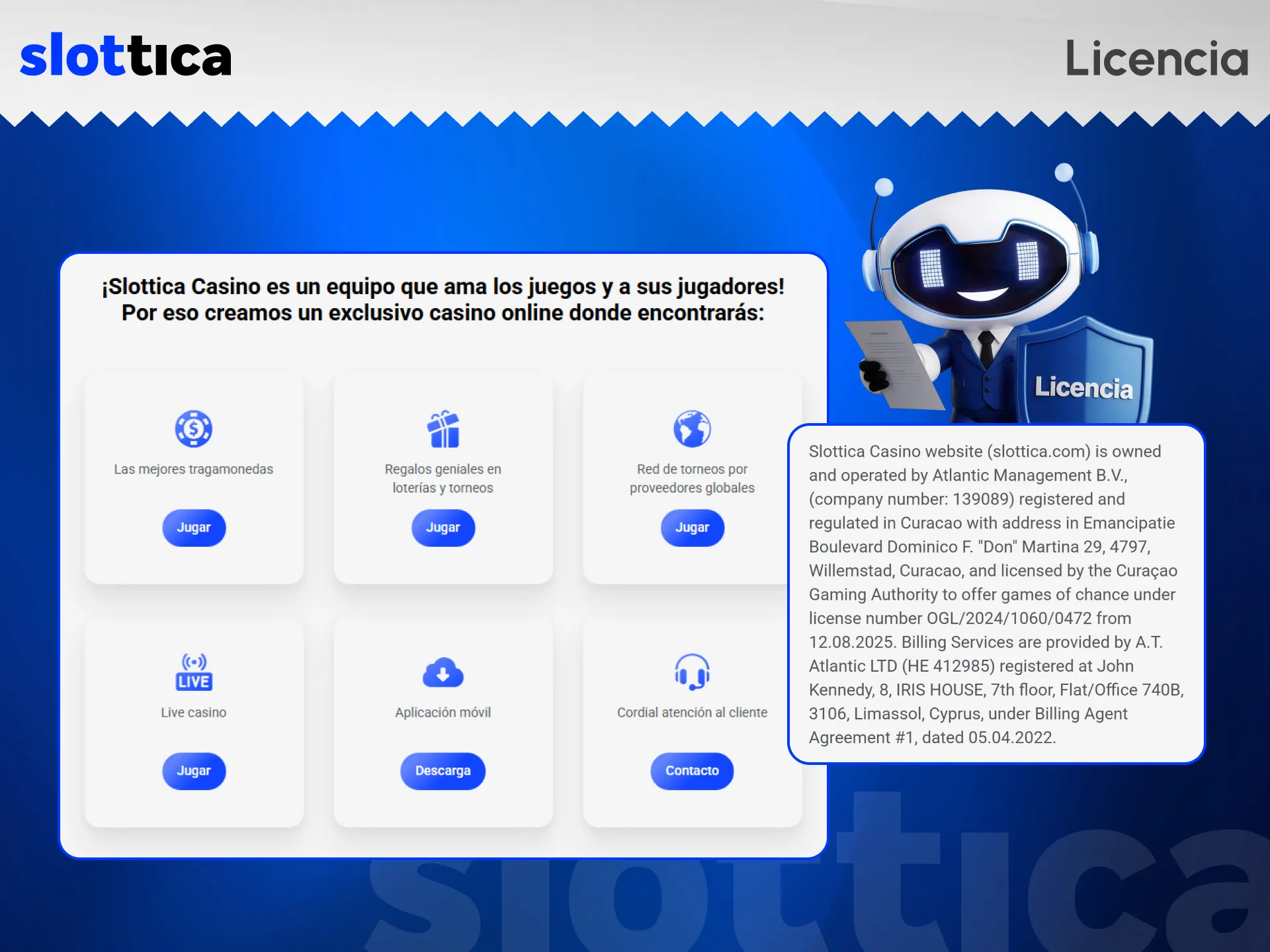 Revisa los detalles de regulación y juego seguro que ofrece Slottica.