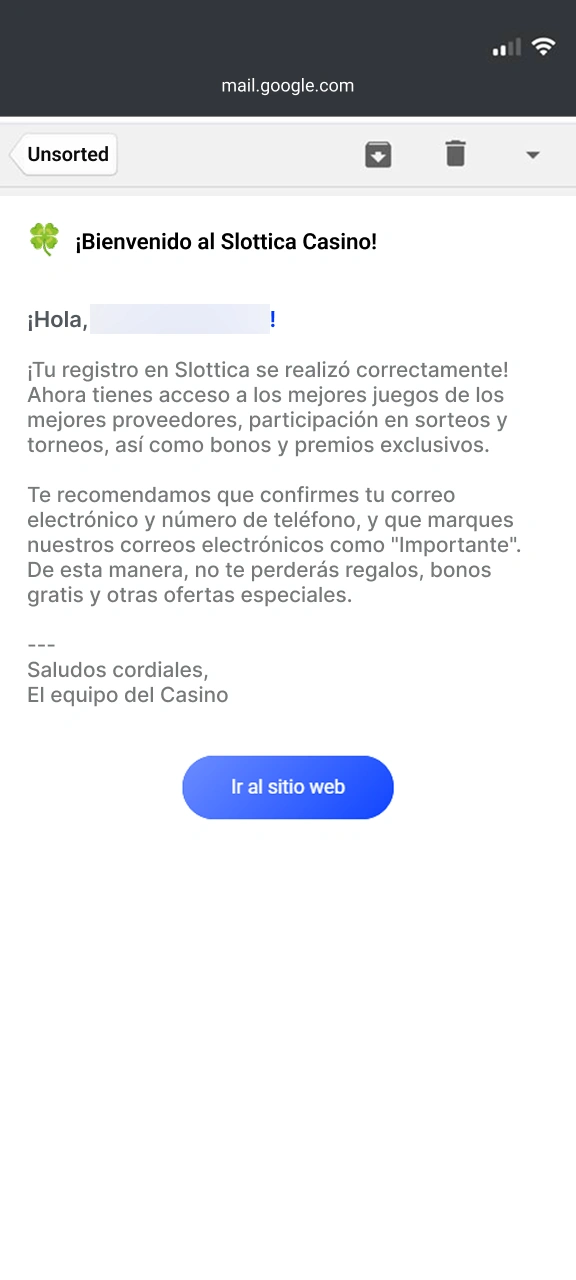 Valida la creación de tu nuevo usuario personal en Slottica.