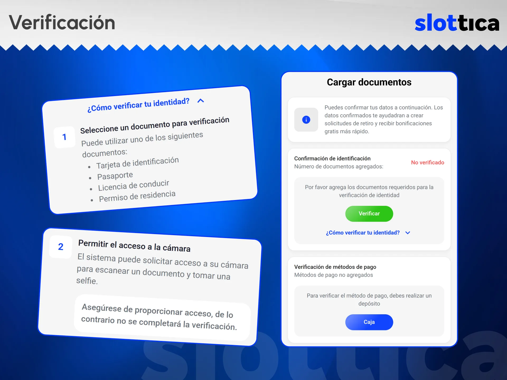 Sube tus documentos de identidad para validar tu usuario en Slottica.